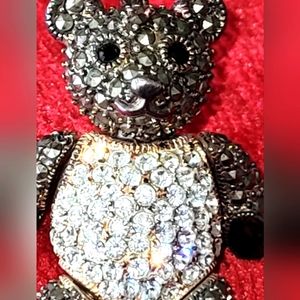 Vintage Brooch 925 Silver (unpolished) flexible Panda Bear w/Swarovski crystals.